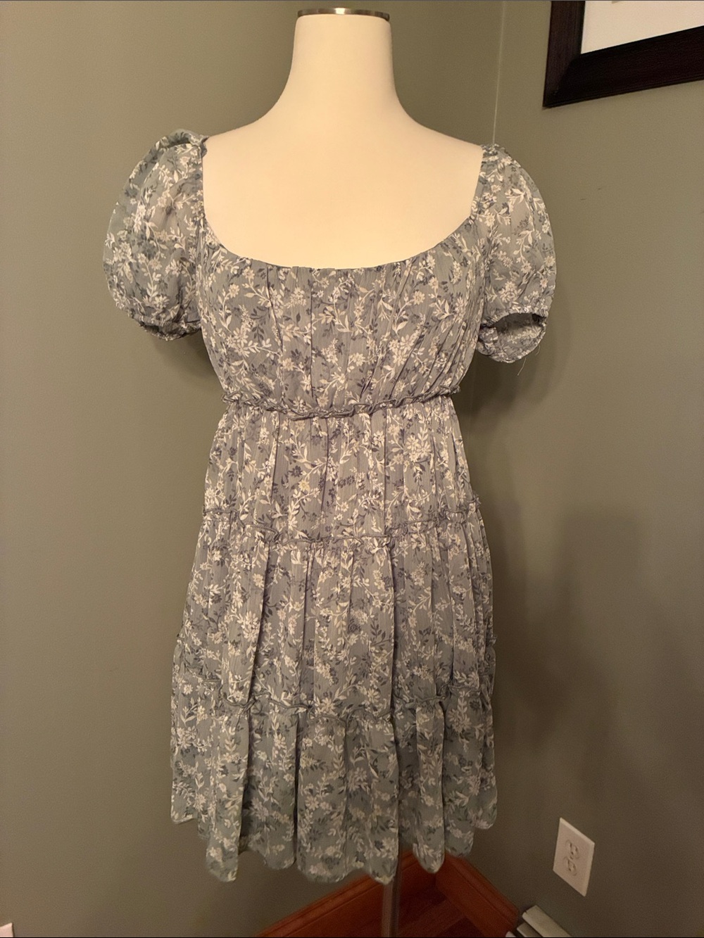 Sage Green  Floral Puff Sleeve Mini Dress with Shirred Waist